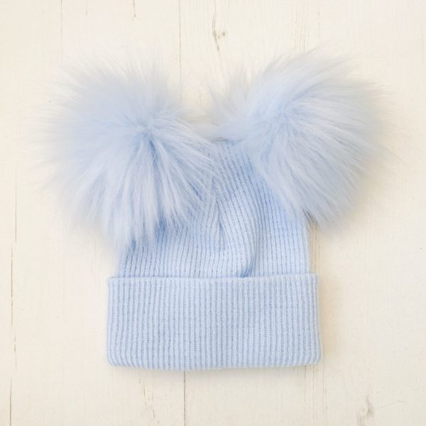 Itty Bitty Blue Double Faux Fur Pom Pom Hat