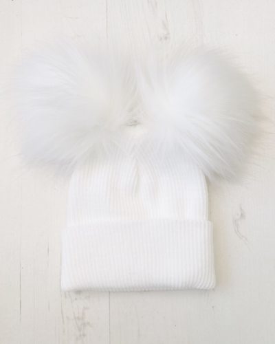 Itty Bitty White Double Faux Fur Pom Pom Hat