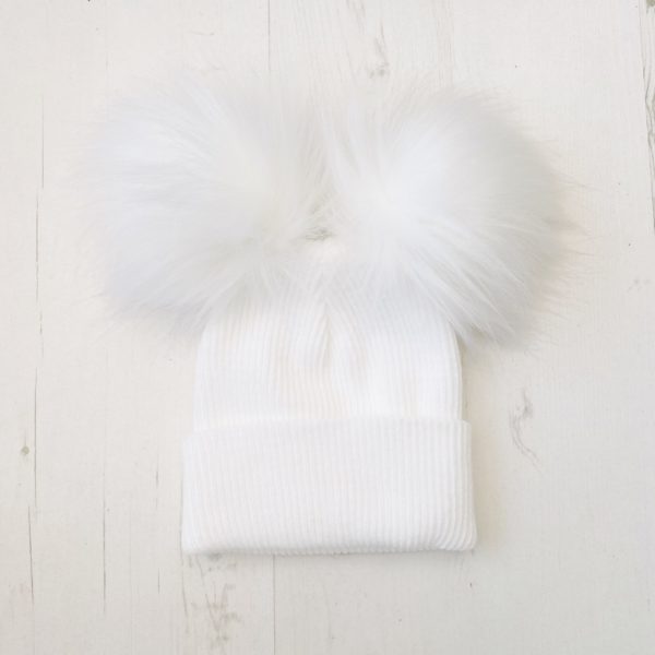 Itty Bitty White Double Faux Fur Pom Pom Hat