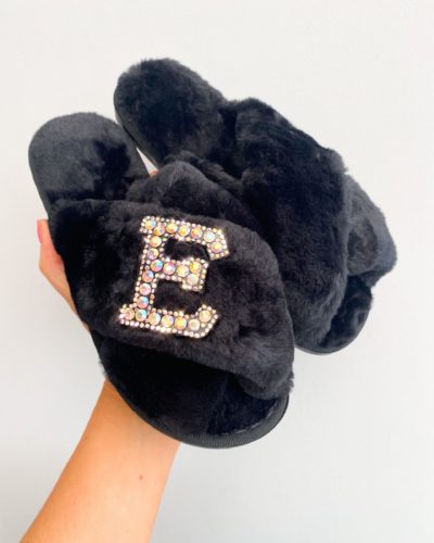 Itty Bitty Women/Adults Faux Fur Black Personalised Slippers