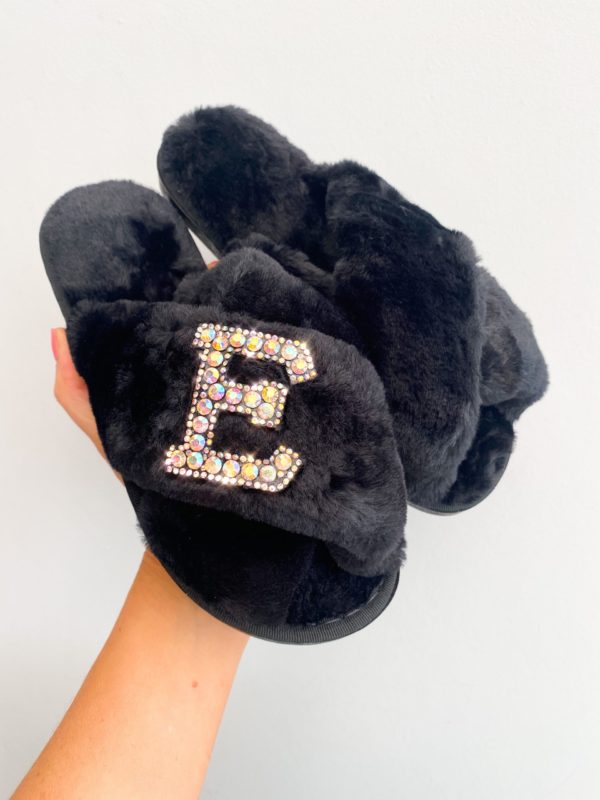 Itty Bitty Women/Adults Faux Fur Black Personalised Slippers
