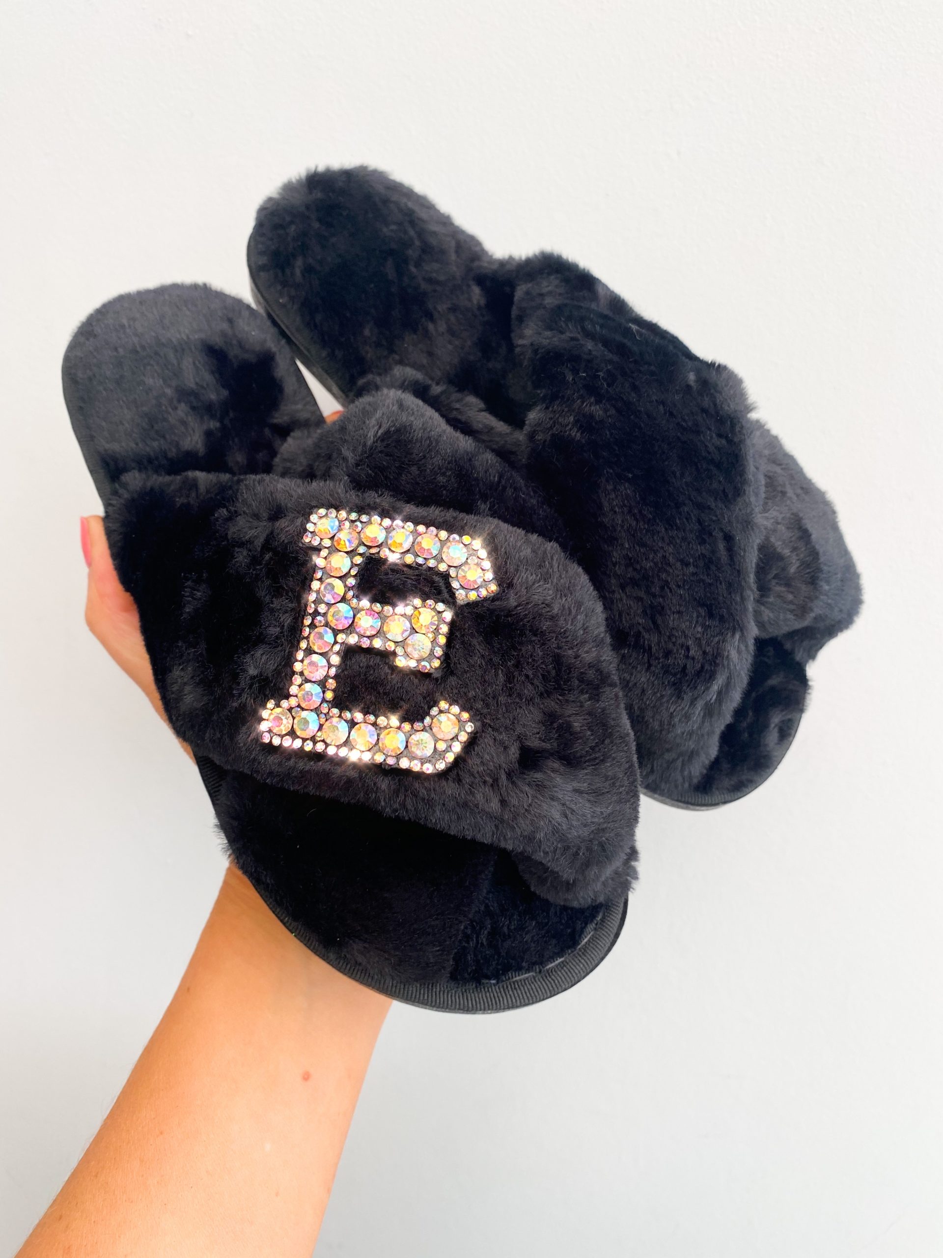 Itty Bitty Women Adults Faux Fur Black Personalised Slippers Itty Bitty