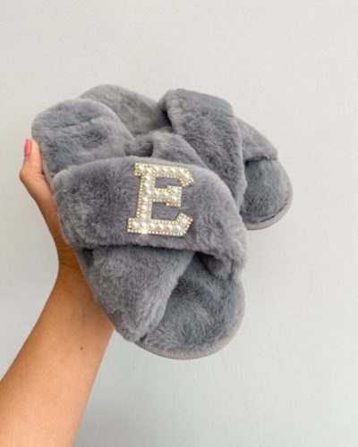 Itty Bitty Women/Adults Faux Fur Grey Personalised Slippers