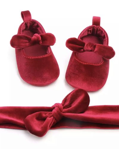Itty Bitty Christmas Red Velvet Soft Sole Shoes & Bow Headband