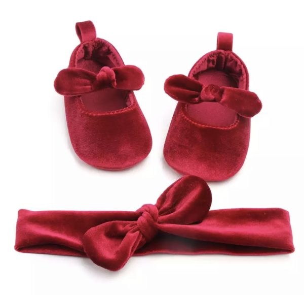 Itty Bitty Christmas Red Velvet Soft Sole Shoes & Bow Headband