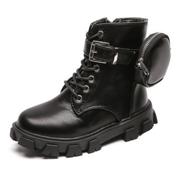 Itty Bitty Chunky Black Boots With Ankle Pouch (Older)