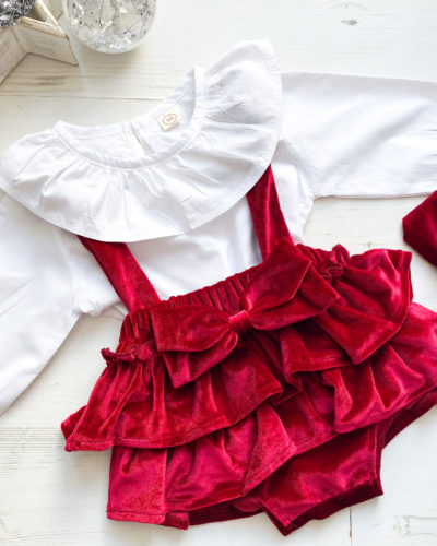 Itty Bitty Christmas Red Bow Velvet Romper & Blouse Set