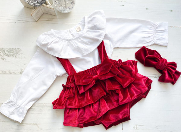 Itty Bitty Christmas Red Bow Velvet Romper & Blouse Set