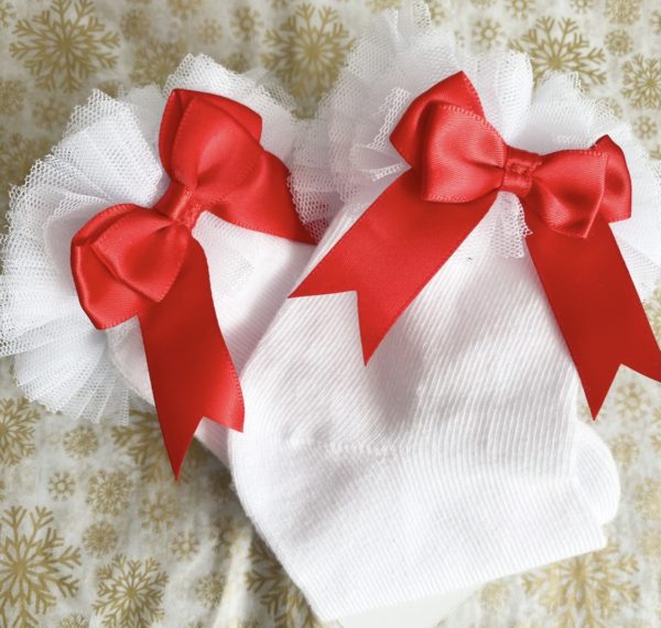 Itty Bitty White Tutu Socks With Red Bows