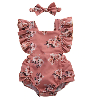 Itty Bitty Vintage Pink Floral Ruffle Romper & Headband Set