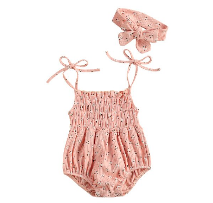 Itty Bitty Pink Floral Bow Strap Romper Set - Baby Boutique