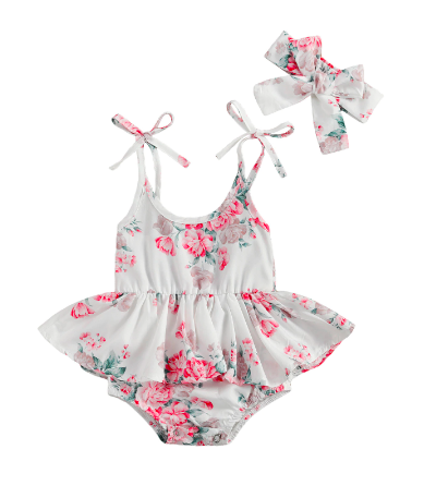 Itty Bitty White Flower Tie Strap Skirt Romper Set