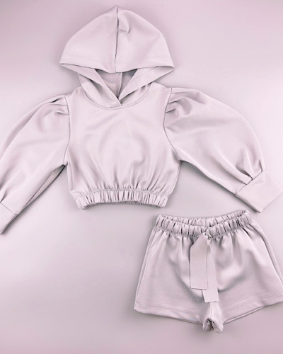 Itty Bitty Grey & Silver Sparkle Personalised Crop Puff Sleeve Hoodie and Short Set