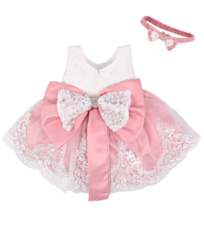 Pink And White Lace Princess Bow Dress and Headband Set