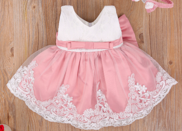 Pink And White Lace Princess Bow Dress and Headband Set - Image 2