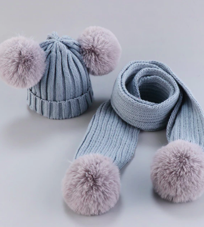 Itty Bitty Ice Blue Pom Pom Beanie Hat & Scarf Set