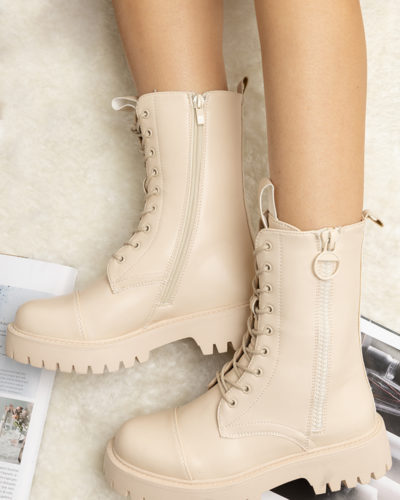 Itty Bitty Women's Beige Chunky Lace Up Fashion Ankle Boots