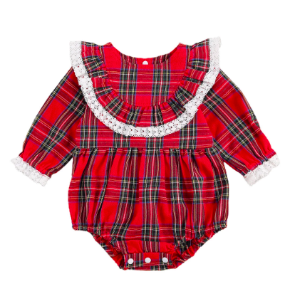 Itty Bitty Christmas Check Frill Collar Romper