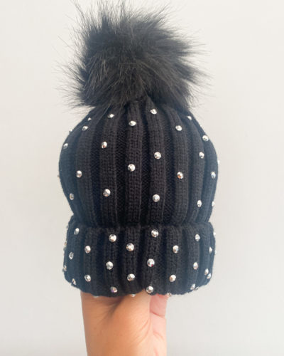 Itty Bitty Black With Silver Gem Faux Fur Beanie Hat