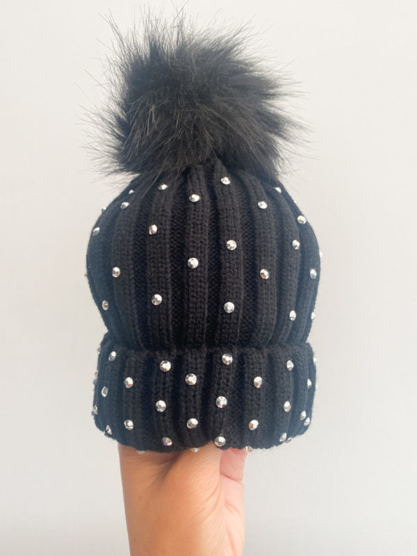 Itty Bitty Black With Silver Gem Faux Fur Beanie Hat