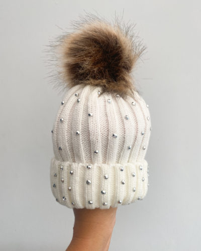 Itty Bitty Cream With Silver Gem Faux Fur Beanie Hat