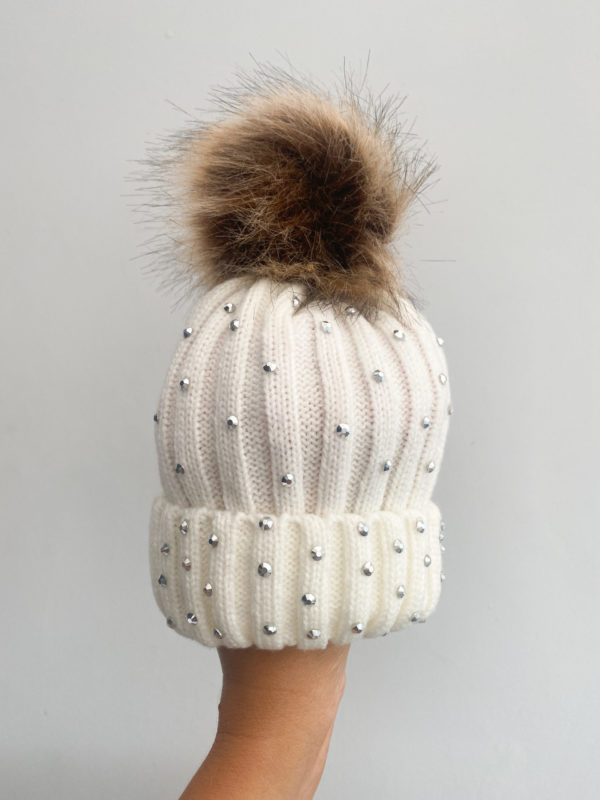 Itty Bitty Cream With Silver Gem Faux Fur Beanie Hat