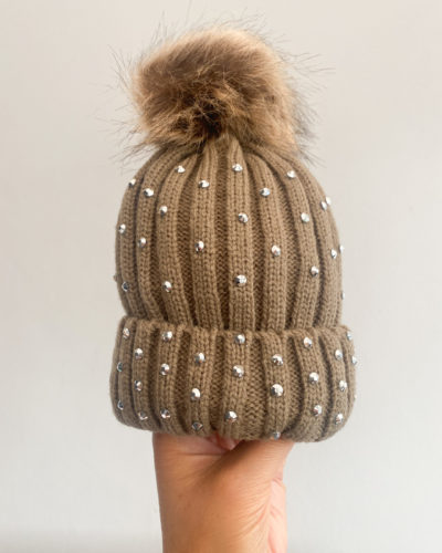 Itty Bitty Brown With Silver Gem Faux Fur Beanie Hat