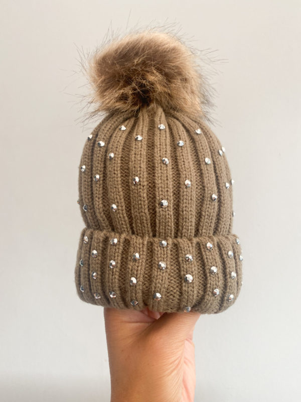 Itty Bitty Brown With Silver Gem Faux Fur Beanie Hat
