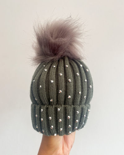 Itty Bitty Grey With Silver Gem Faux Fur Beanie Hat