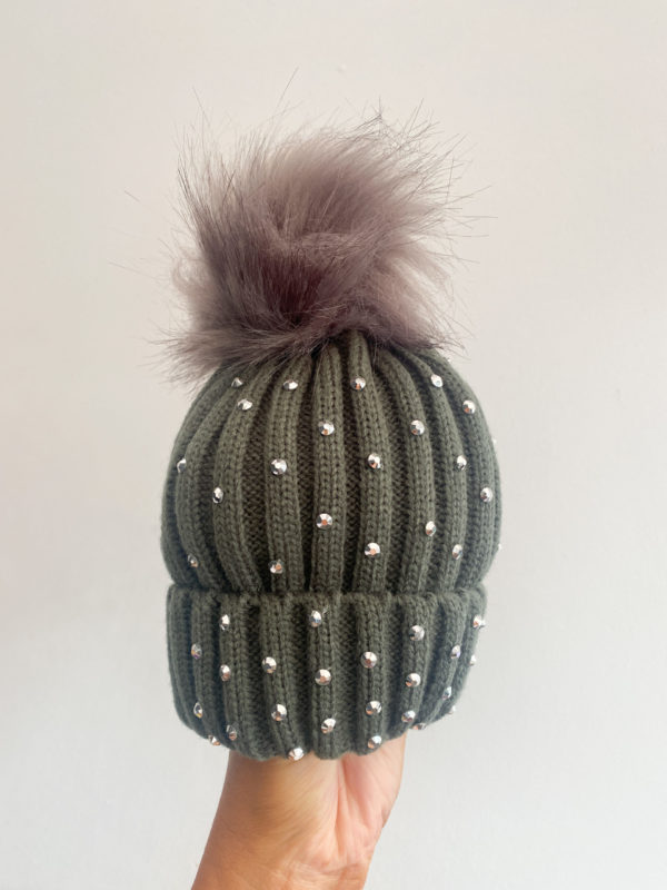 Itty Bitty Grey With Silver Gem Faux Fur Beanie Hat