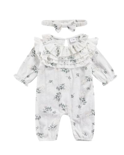 Itty Bitty White Floral Ruffle Collar Romper Set