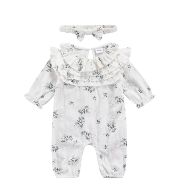 Itty Bitty White Floral Ruffle Collar Romper Set