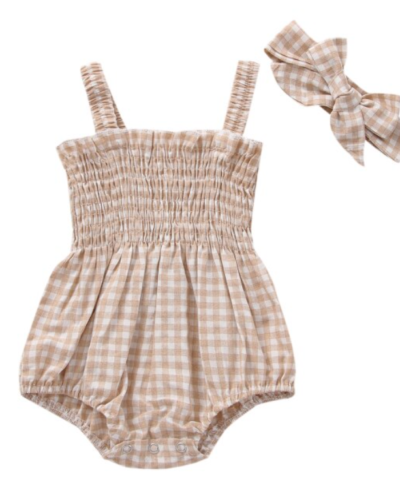 Itty Bitty Beige Gingham Romper Set