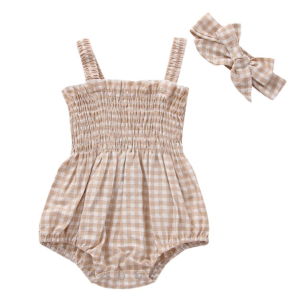 Itty Bitty Beige Gingham Romper Set