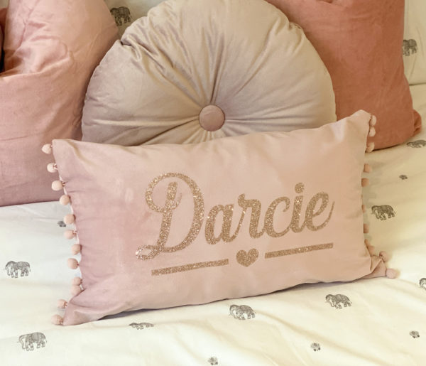 Itty Bitty Pink Pom Pom Trim Personalised Cushion Cover