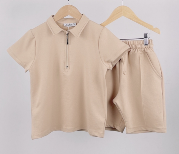 Itty Bitty Beige 1/2 Zip Poloshirt & Shorts Set