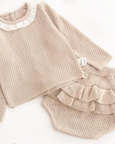 Itty Bitty Beige Long Sleeve Knitted Top & Bottoms Set