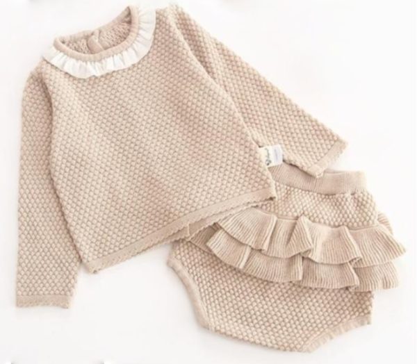Itty Bitty Beige Long Sleeve Knitted Top & Bottoms Set