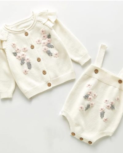 Itty Bitty Flower Embellished Knitted Romper & Cardigan Set
