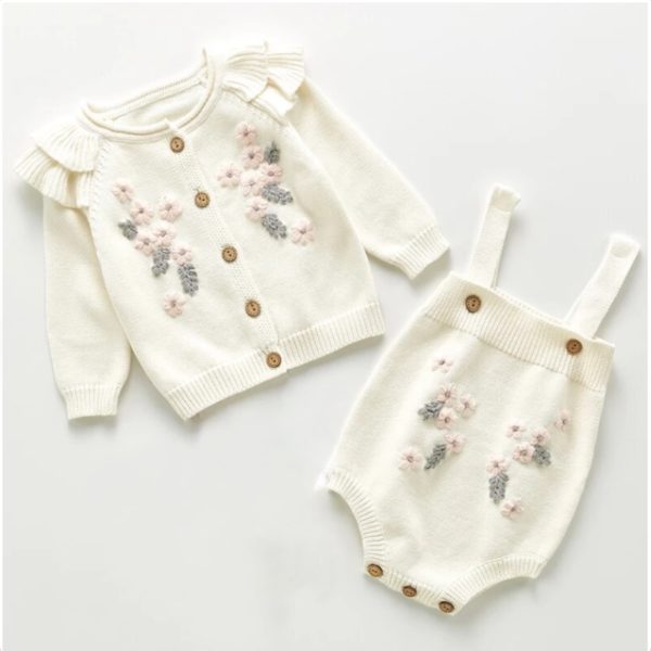 Itty Bitty Flower Embellished Knitted Romper & Cardigan Set