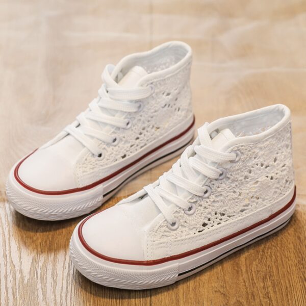 Itty Bitty White Crochet High Top Trainers - Image 5