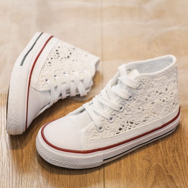 Itty Bitty White Crochet High Top Trainers - Image 4