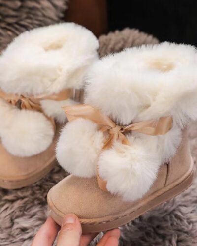 Itty Bitty Beige Pom Pom Snuggle Boots