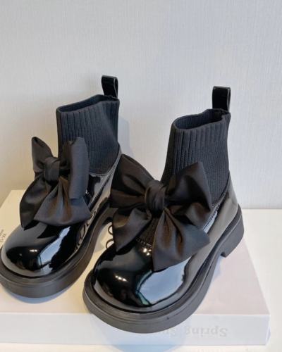 Itty Bitty Black Patent Bow Sock Boots
