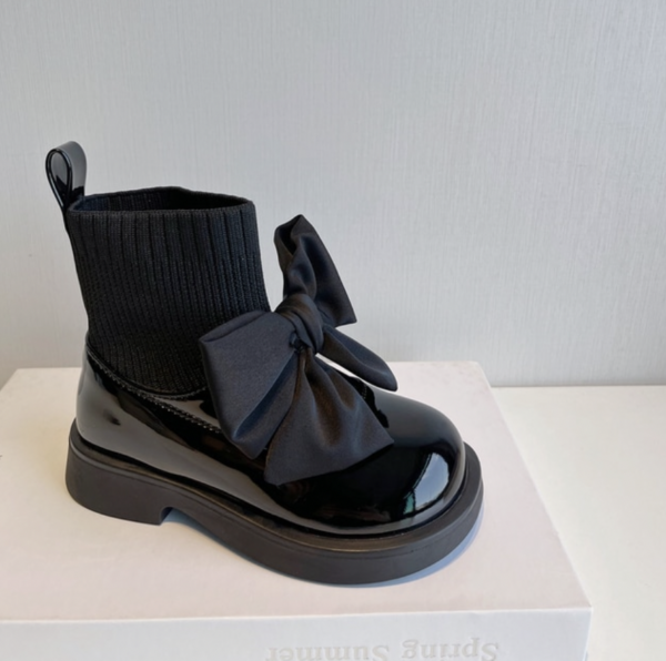 Itty Bitty Black Patent Bow Sock Boots - Image 2