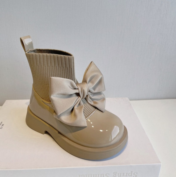 Itty Bitty Beige Patent Bow Sock Boots - Image 3