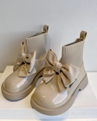 Itty Bitty Beige Patent Bow Sock Boots