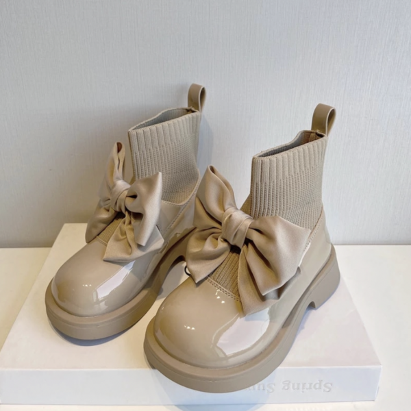 Itty Bitty Beige Patent Bow Sock Boots