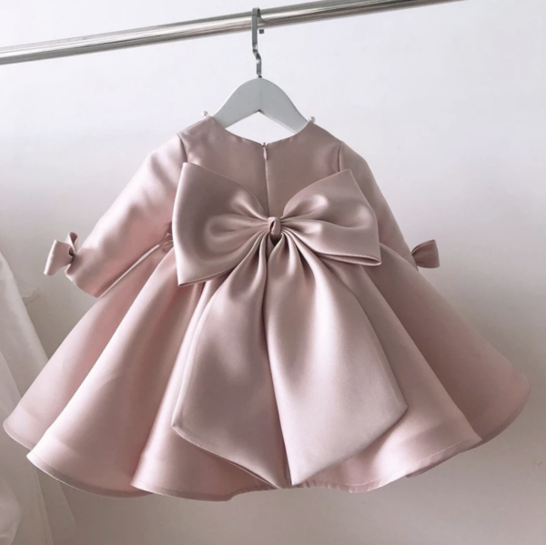 Itty Bitty Pink Long Sleeve Bow Detail Occasion Dress - Image 3