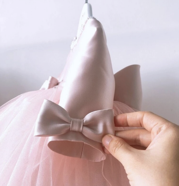 Itty Bitty Pink Long Sleeve Bow Detail Occasion Dress - Image 4